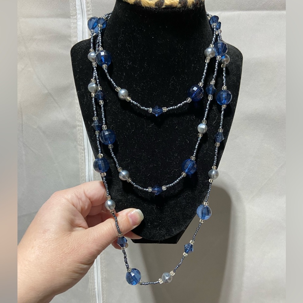 Gray and Blue Large and Seed Bead Long Necklace. Multiple Options for Layering